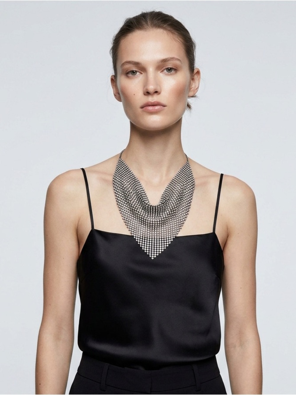 Zara Gunmetal Crystal Draped Mesh Necklace